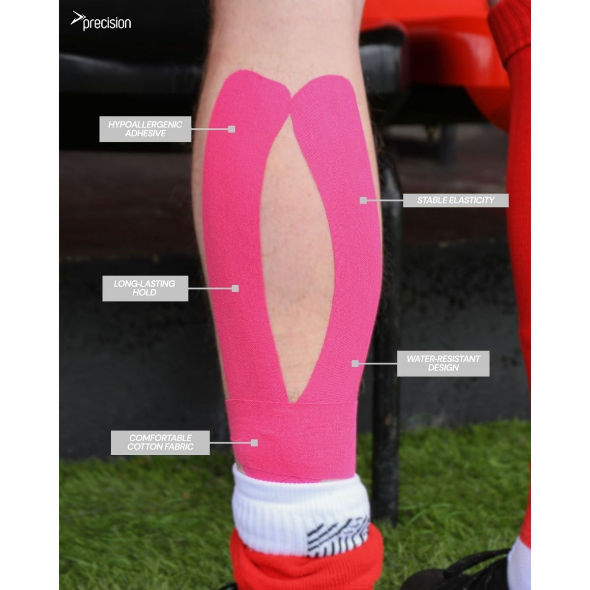 Pink Precision kinesiology tape applied to a player's calf, with labelled feature callouts