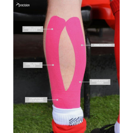 Pink Precision kinesiology tape applied to a player's calf, with labelled feature callouts