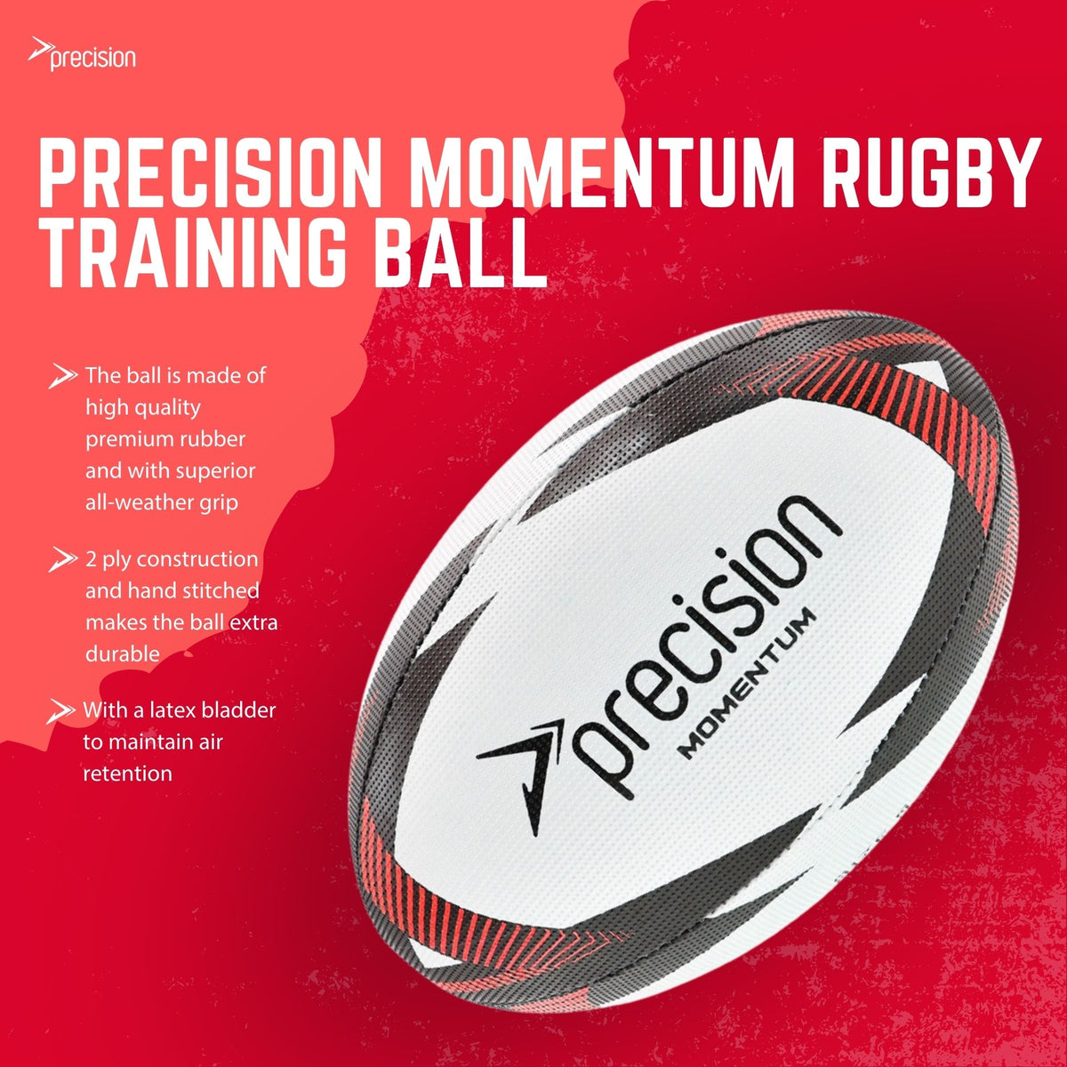 Precision Momentum Rugby Training Ball in White/Black/Red, product infographic with feature details