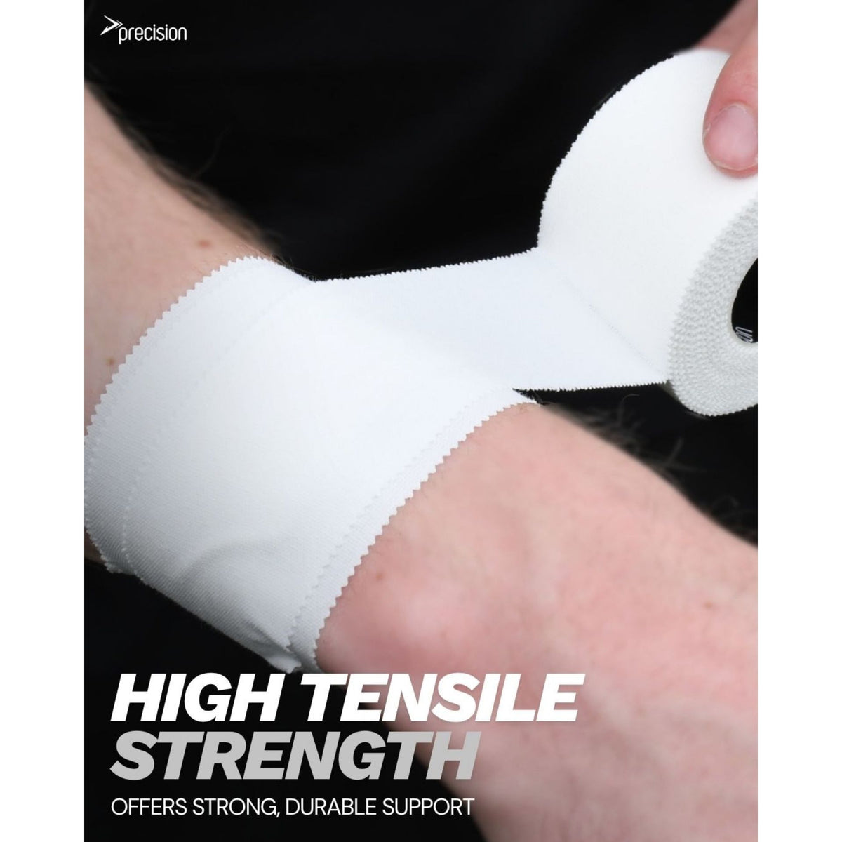 Wrist strapped with white Precision zinc oxide tape, high tensile strength graphic