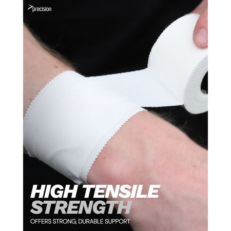 Wrist strapped with white Precision zinc oxide tape, high tensile strength graphic
