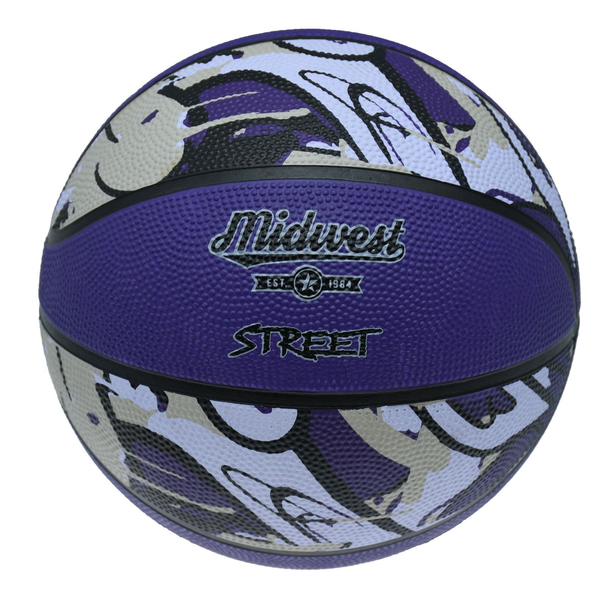 Midwest Street Basketball in Purple/Black/Grey, front view with the Midwest and Street logos