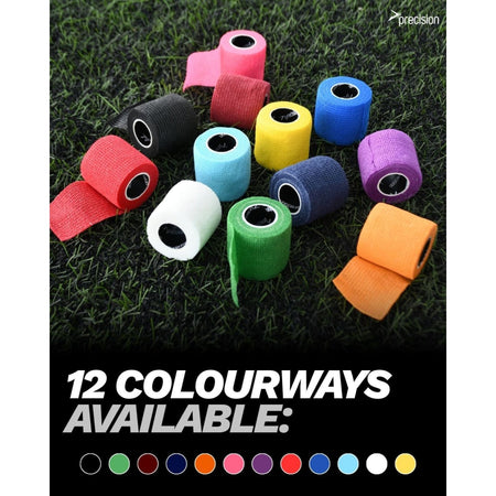 Precision Cohesive Sock & Finger Tape rolls stacked, showing all 12 colourways available
