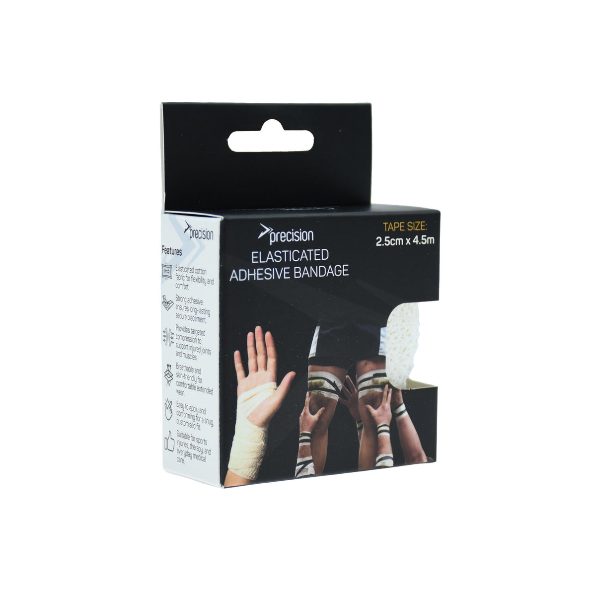 Precision Elasticated Adhesive Bandage 2.5cm x 4.5m in white, retail box front view