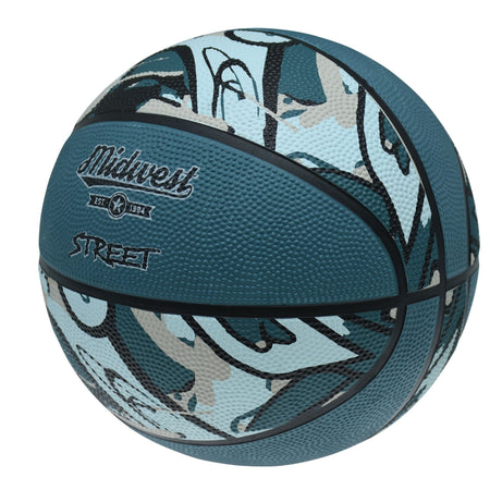 Midwest Street Basketball in Blue/Black/Grey, angled view showing the Midwest Street logo