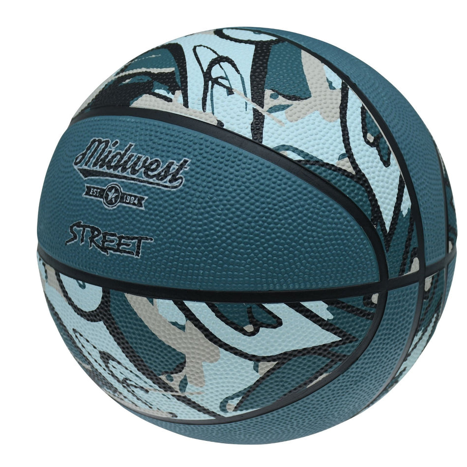 Midwest Street Basketball in Blue/Black/Grey, angled view showing the Midwest Street logo