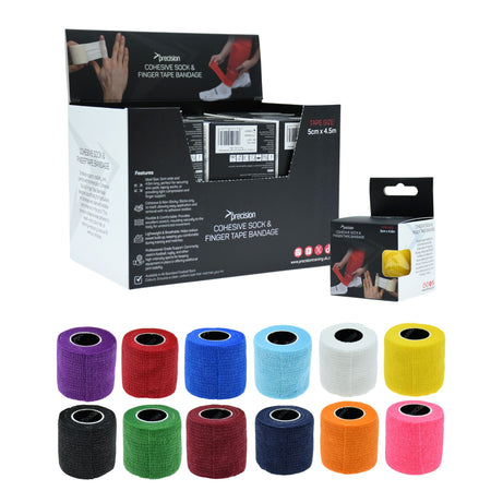 Precision Cohesive Sock & Finger Tape counter display box with all 12 colour rolls