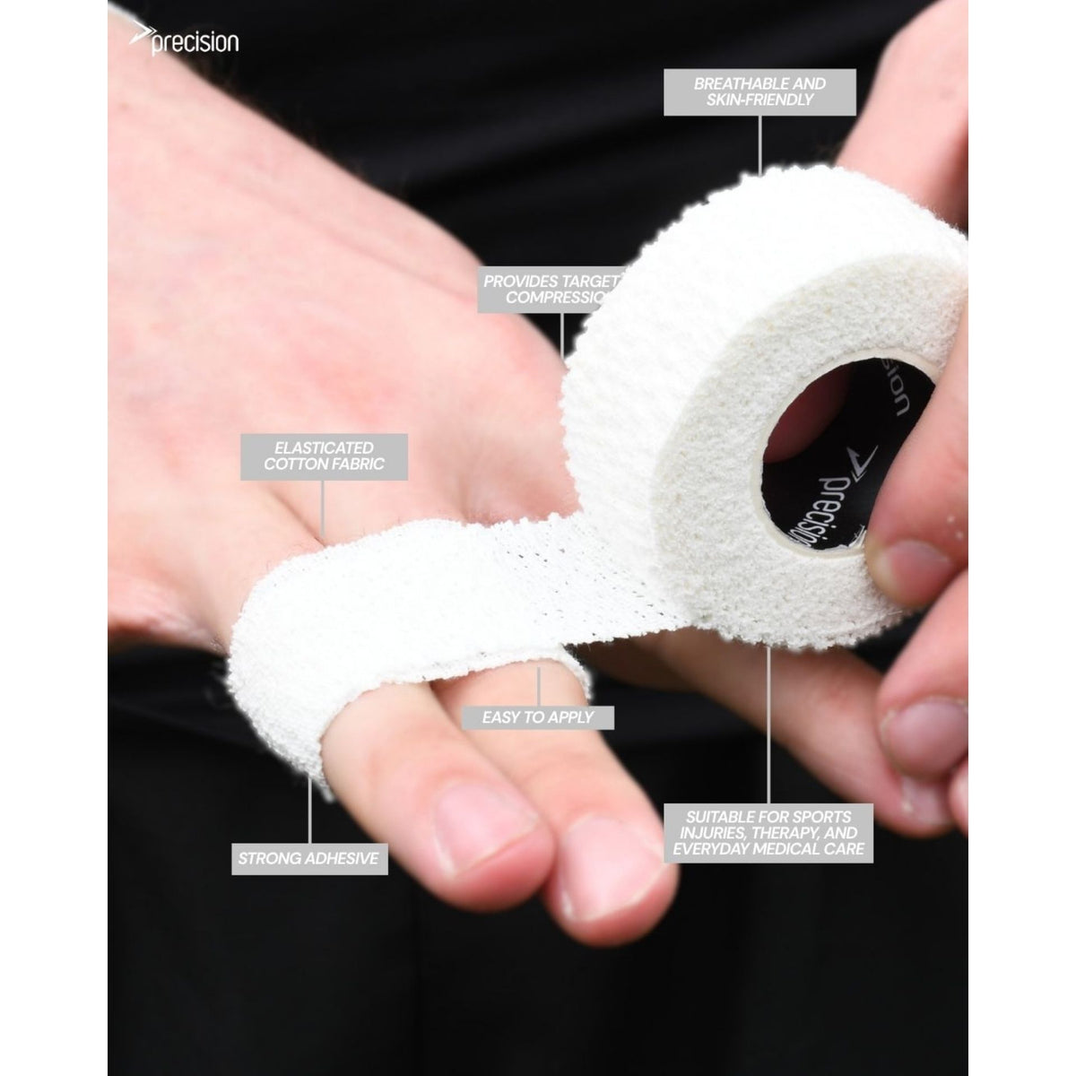 Fingers being strapped with Precision elasticated adhesive bandage, with labelled callouts