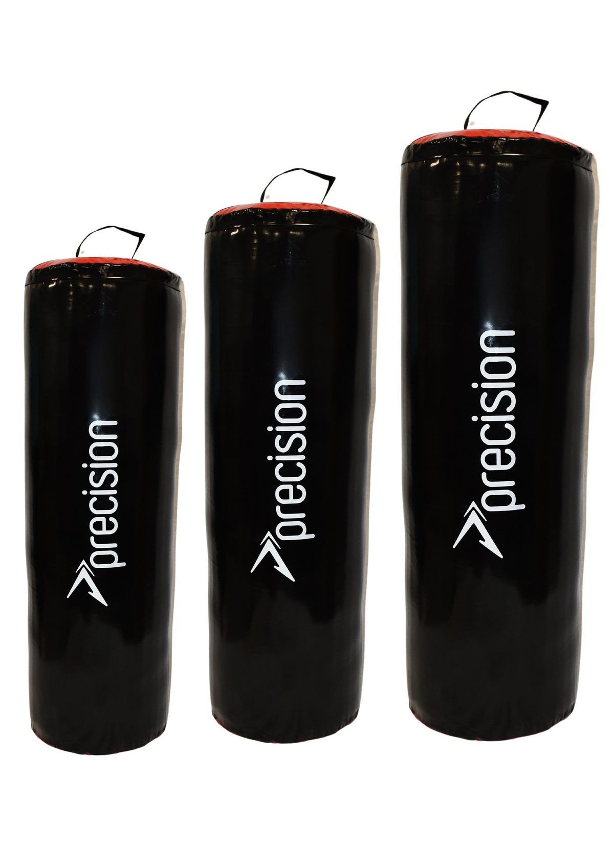 Precision Tackle Bag range of three black bags with red tops and white Precision logos