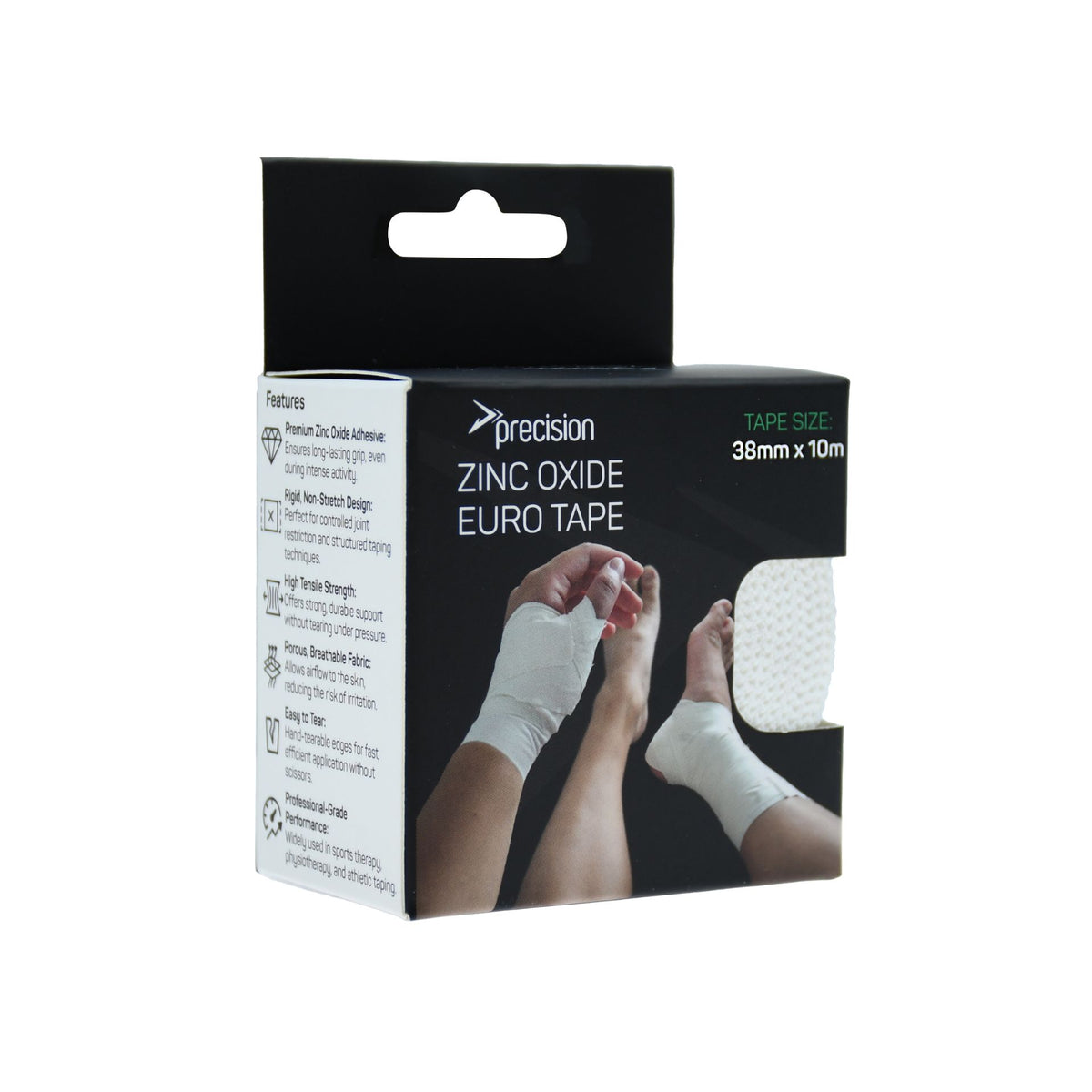 Precision Zinc Oxide Euro Tape 38mm x 10m in white, retail box front view