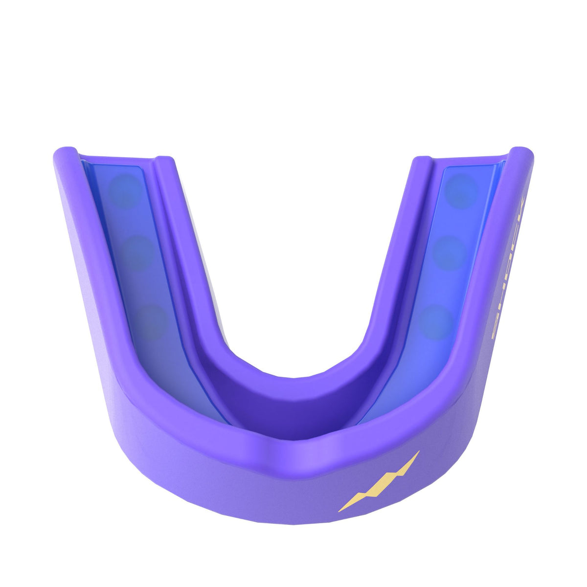 Shock Doctor Gel Strike Mouthguard in Miami Purple, top-down view of the blue Gel-Fit liner