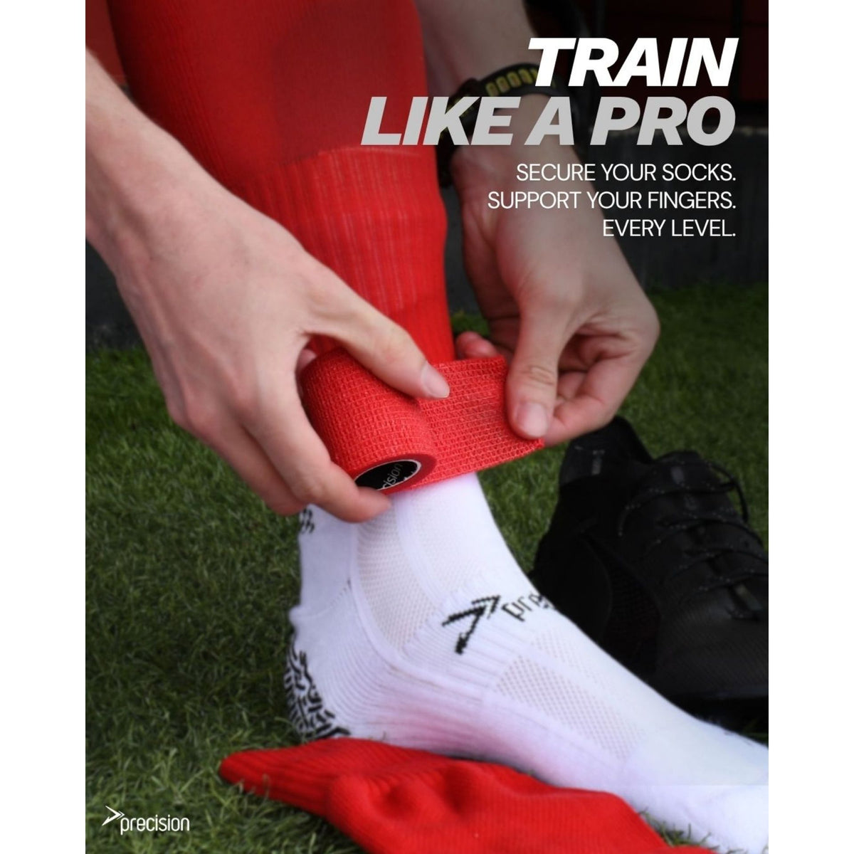 Player taping a red sock with Precision cohesive tape, Train Like a Pro graphic