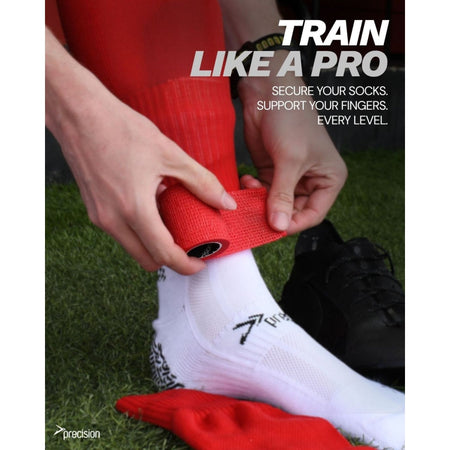 Player taping a red sock with Precision cohesive tape, Train Like a Pro graphic