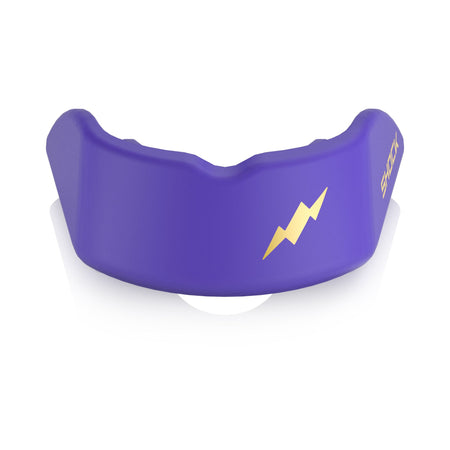 Shock Doctor Gel Strike Mouthguard in Miami Purple, front view with the lightning bolt logo
