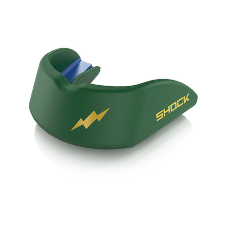 Shock Doctor Gel Strike Mouthguard in Speed Green, side view with the gold lightning bolt logo
