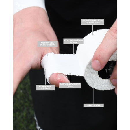 Hand being strapped with Precision zinc oxide tape, with labelled feature callouts