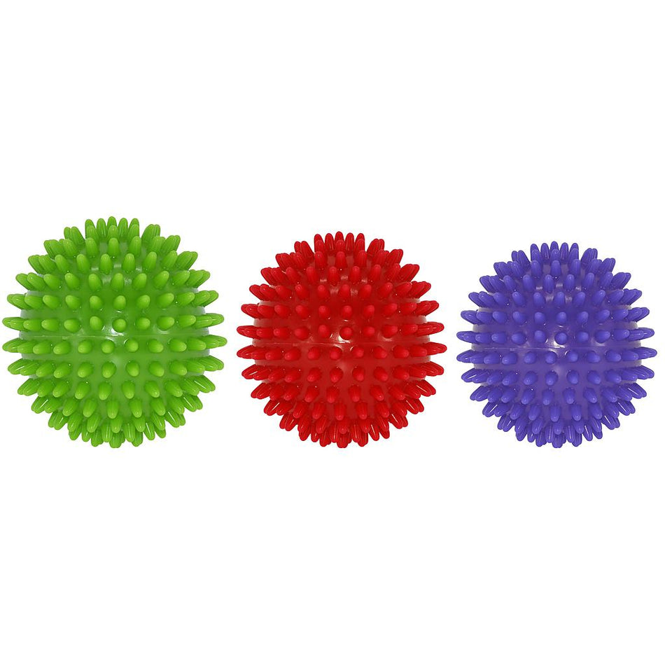 Three Urban Fitness Soft Spikey Massage Balls by Urban Fitness—green, red, and purple—are arranged in a row on a white background, each with evenly spaced rounded spikes to help improve circulation and ease back pain.