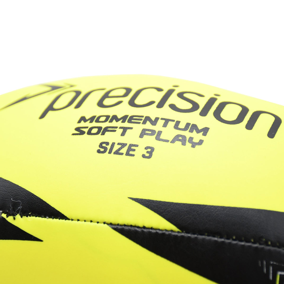 Close-up of the Precision Momentum Soft Play and size 3 print on the yellow rugby ball