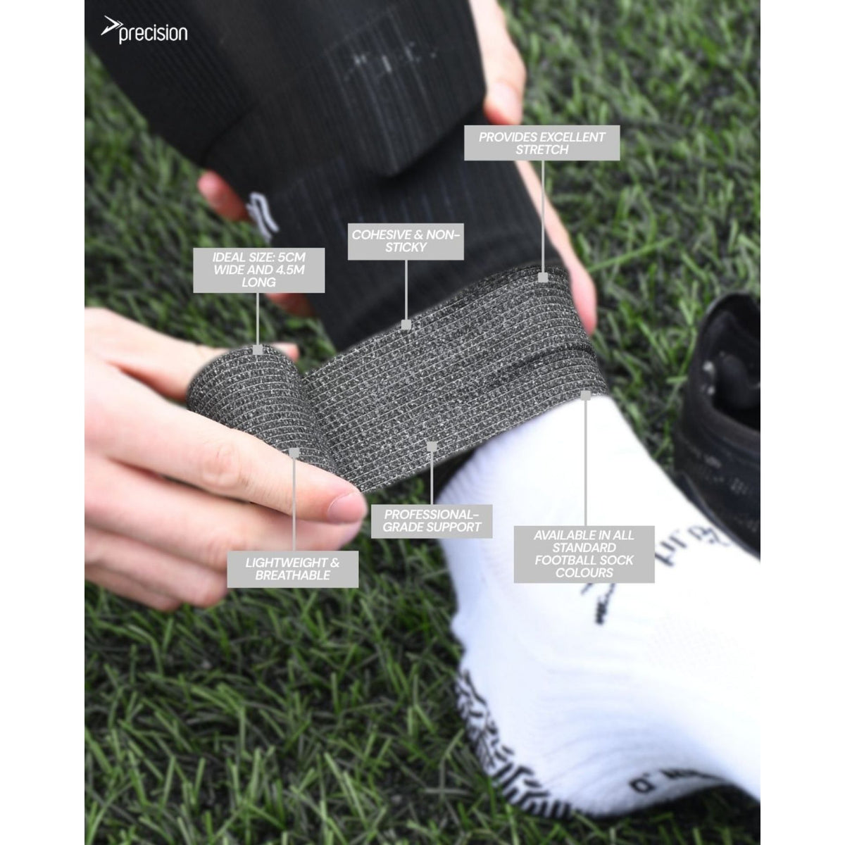 Black Precision cohesive tape wrapped over a black football sock, with labelled feature callouts
