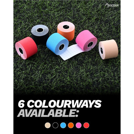 Precision Kinesiology Tape rolls on turf, graphic showing six colourways available