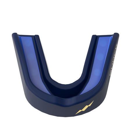 Shock Doctor Gel Strike Mouthguard in Midnight Blue, top-down view of the blue Gel-Fit liner