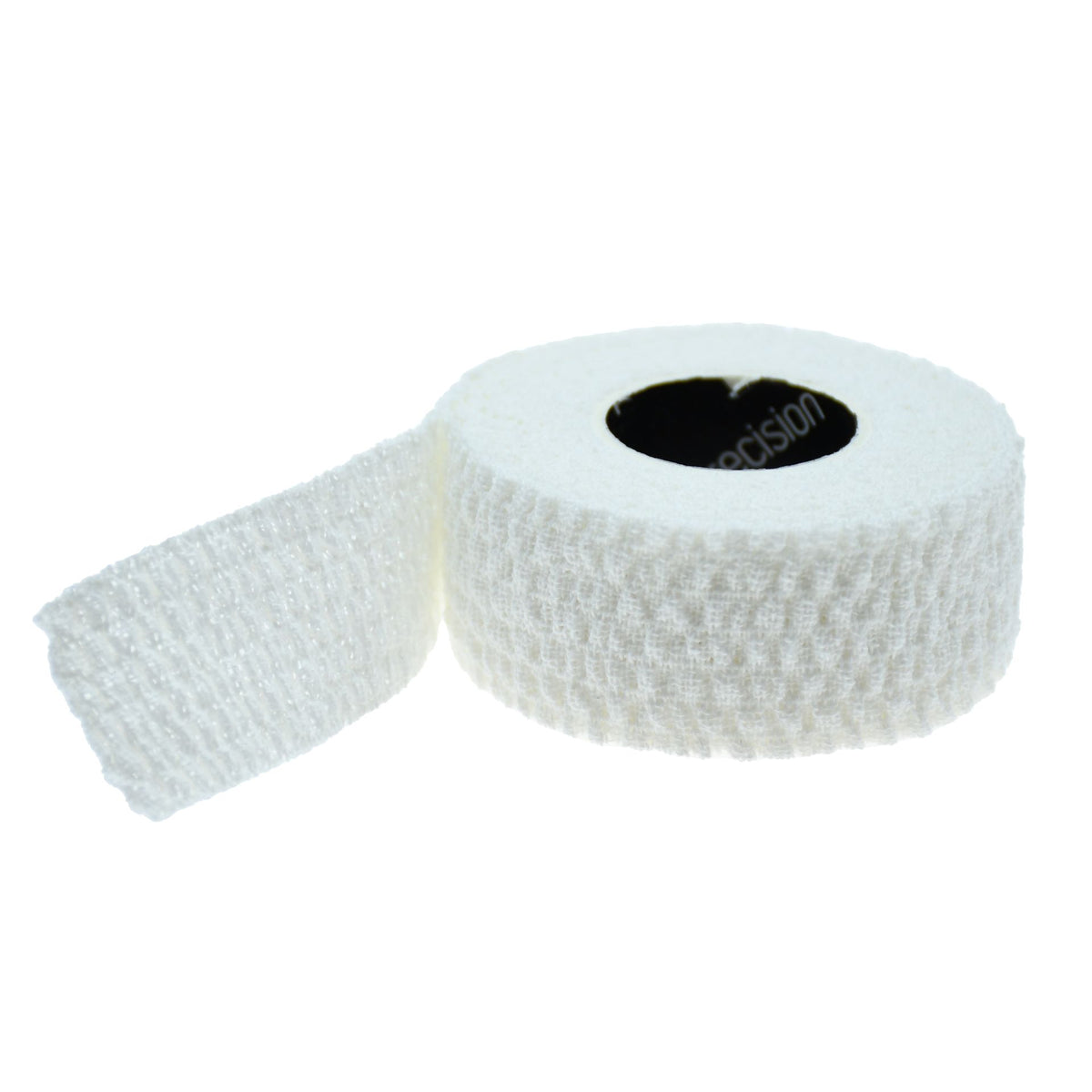 Precision Elasticated Adhesive Bandage roll partly unrolled, showing the textured fabric