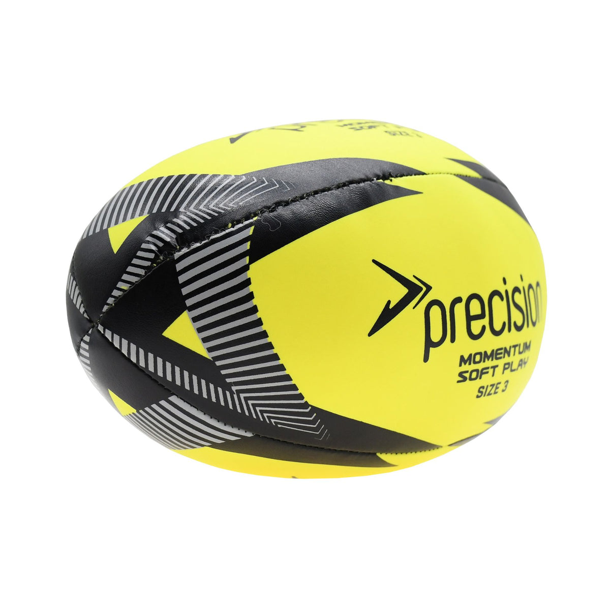Precision Momentum Soft Play Rugby Ball, angled view of the yellow and black foam ball