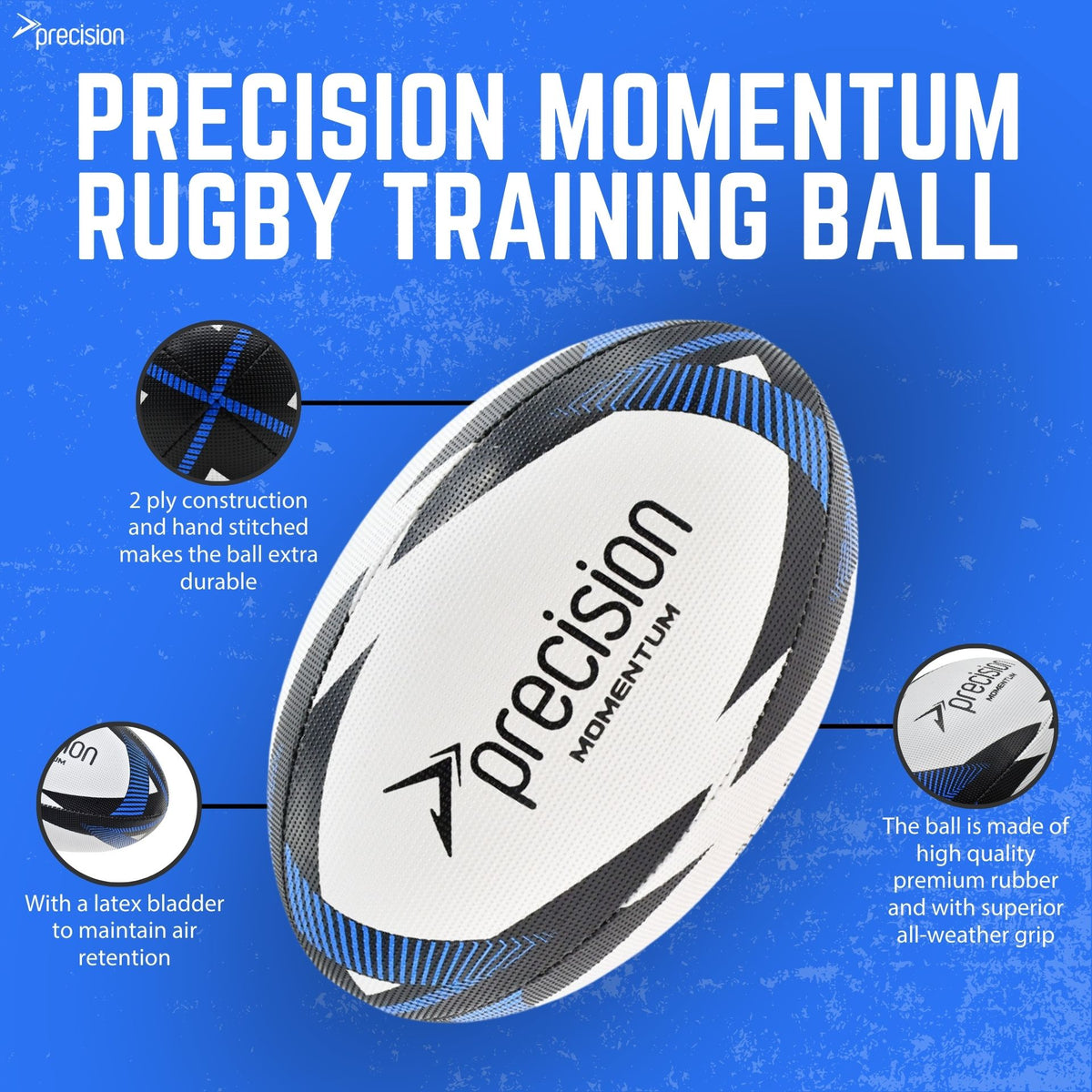 Precision Momentum Rugby Training Ball in White/Black/Blue, infographic of bladder and stitching details