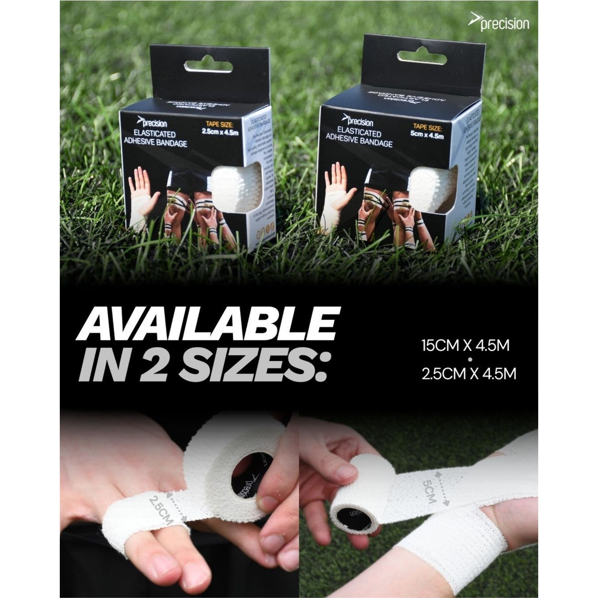 Precision Elasticated Adhesive Bandage graphic showing it is available in two sizes