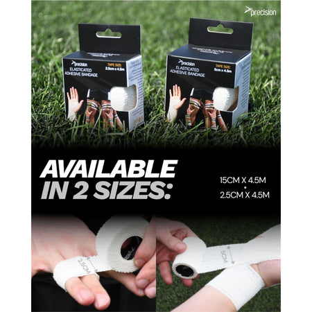 Precision Elasticated Adhesive Bandage graphic showing it is available in two sizes