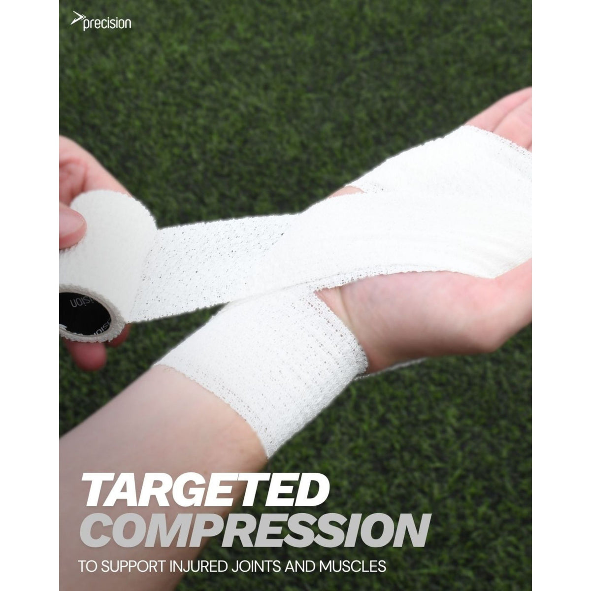 White Precision elasticated adhesive bandage wrapped across the palm and wrist, targeted compression graphic