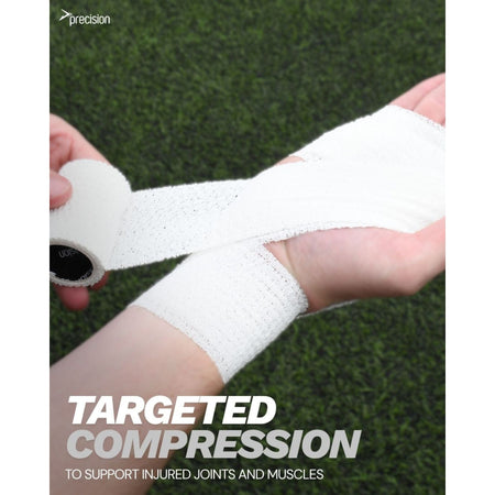 White Precision elasticated adhesive bandage wrapped across the palm and wrist, targeted compression graphic