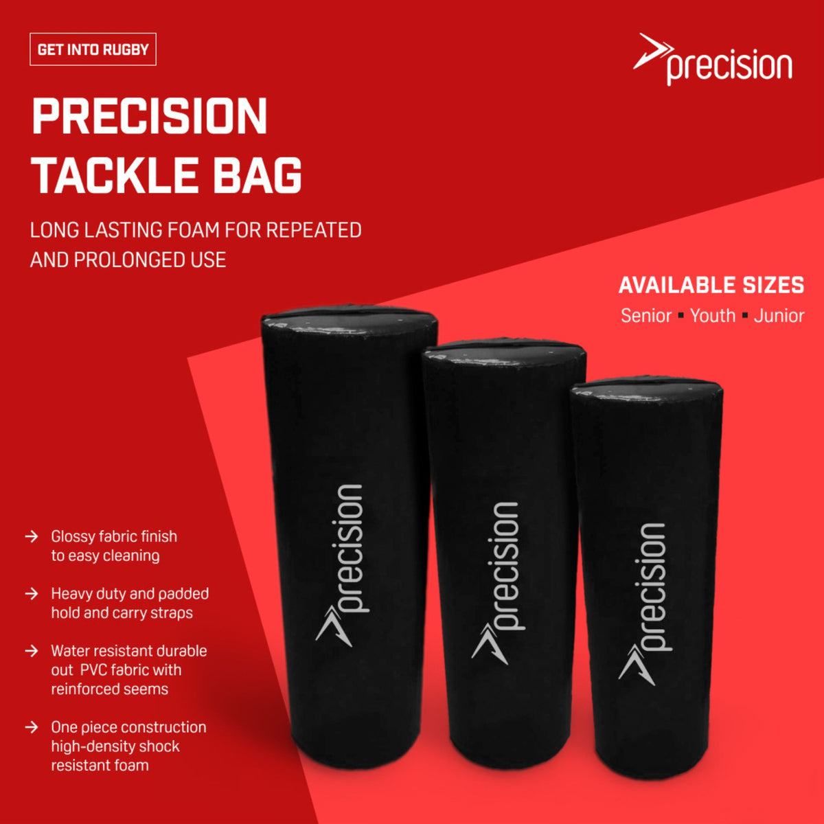 Precision Tackle Bag product infographic listing its foam, PVC cover and available sizes