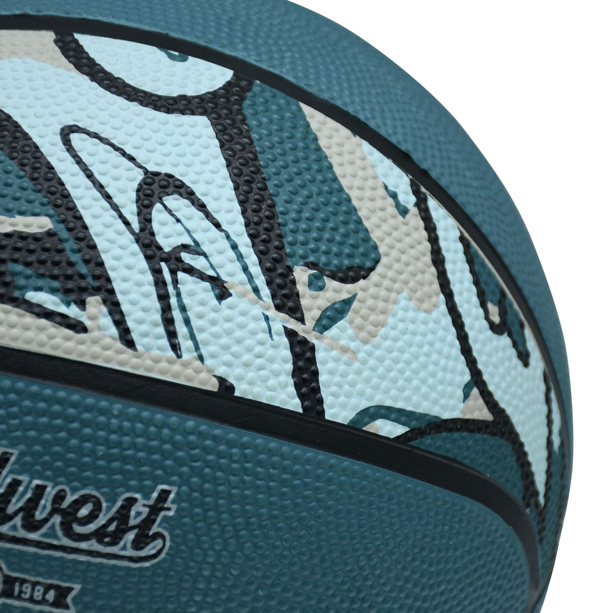 Close-up of the Midwest logo and patterned panels on a Blue/Black/Grey Midwest Street Basketball