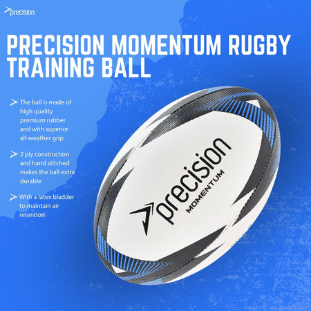 Precision Momentum Rugby Training Ball in White/Black/Blue, product infographic with feature details