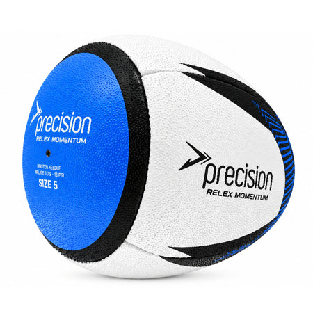 Precision Momentum Reflex Rugby Trainer Ball resting on its side, showing the blue end panel and size 5 print