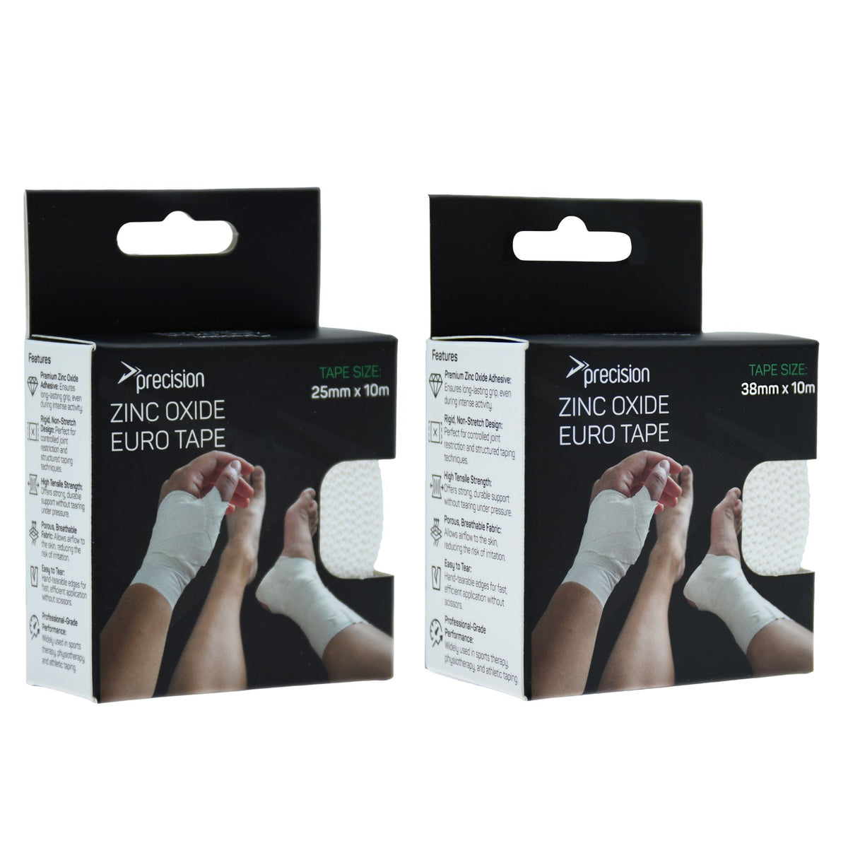 Precision Zinc Oxide Euro Tape retail boxes in 25mm and 38mm widths side by side
