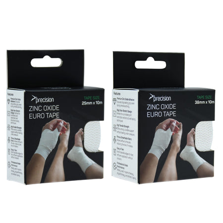 Precision Zinc Oxide Euro Tape retail boxes in 25mm and 38mm widths side by side