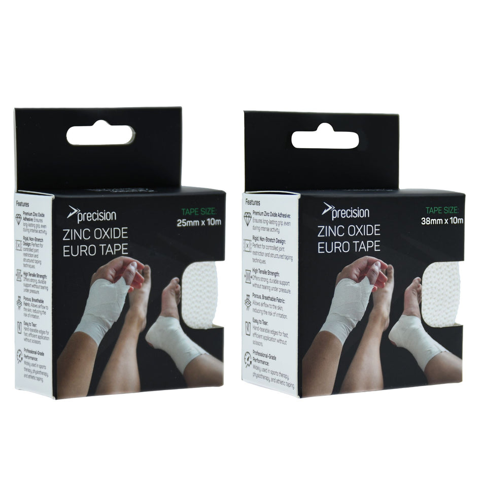 Precision Zinc Oxide Euro Tape retail boxes in 25mm and 38mm widths side by side