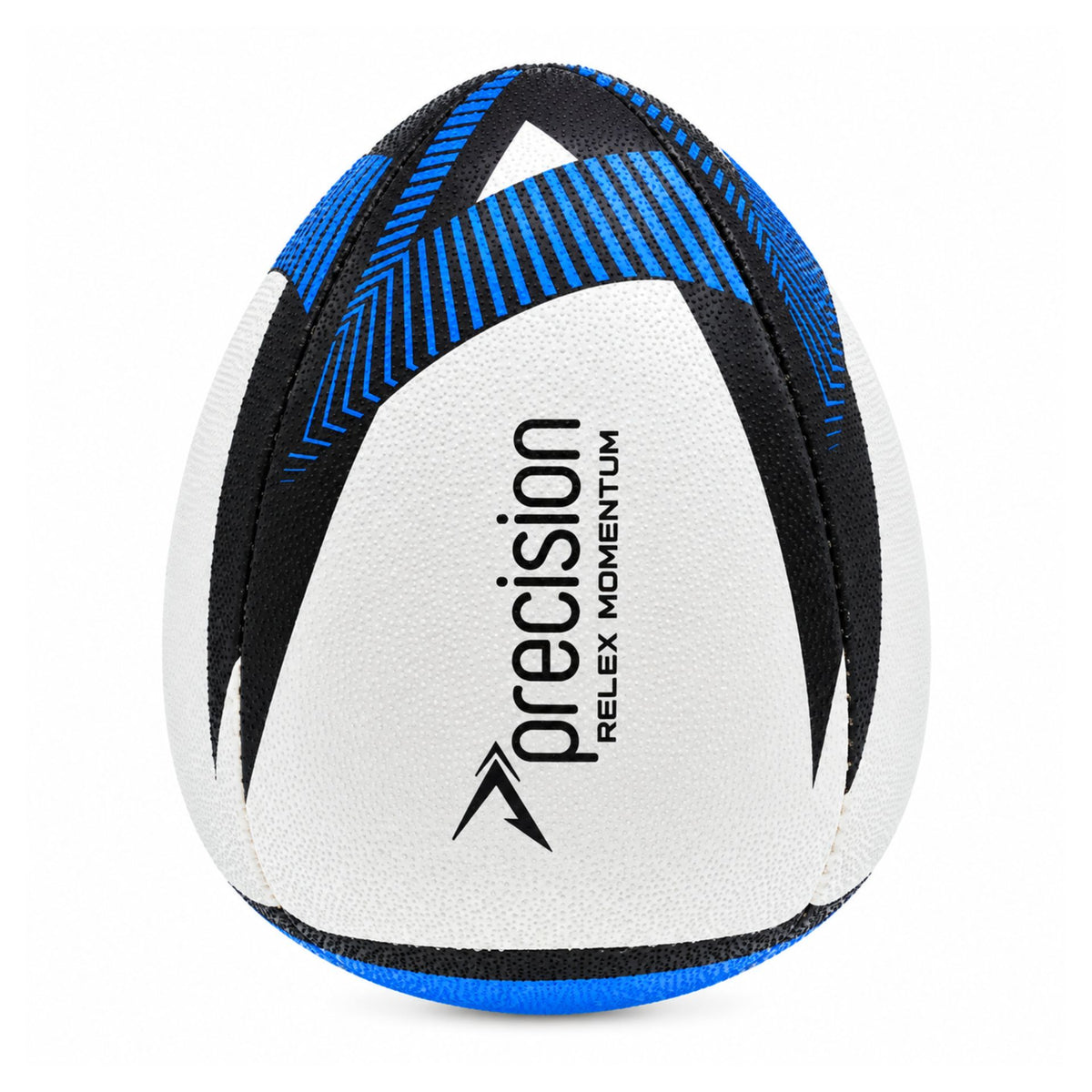 Precision Momentum Reflex Rugby Trainer Ball in white, blue and black, front view with the Precision logo