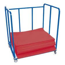 The Niels Larsen Aerobics Mat Trolley by Niels Larsen features blue powder coated steel bars and heavy duty castors, providing organized storage for red gym mats.