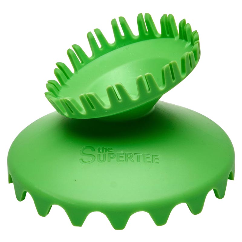 The Dan Carter Kicking Tee - Supertee Duke is a green plastic tee with a wide base and flexible upward prongs, designed by Dan Carter to securely hold the ball and help improve kicking accuracy.