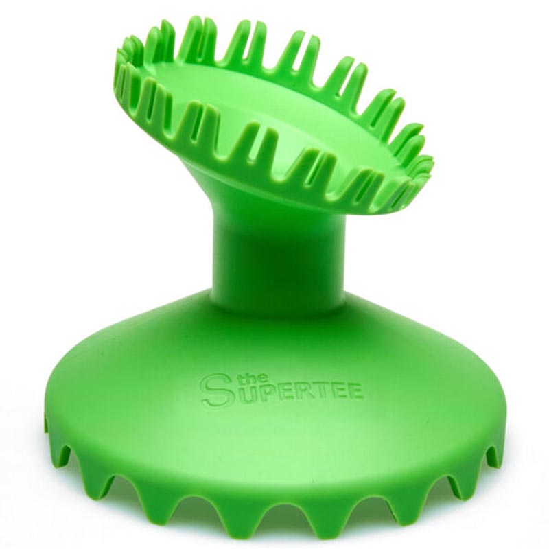 The Dan Carter Kicking Tee - Supertee Prince is a bright green rugby kicking tee by Dan Carter, featuring a wide stable base, angled top with evenly spaced vertical prongs, and "SUPERTREE" embossed on the side.