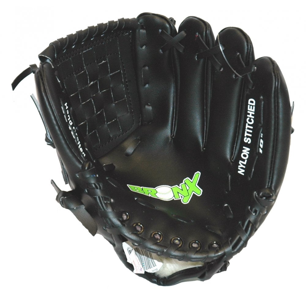 The Bronx Baseball Glove - 10″ by Bronx is a black junior glove featuring durable nylon stitching, with “BRONX” printed inside the palm. It offers a padded palm for extra comfort, laces for secure fit, and a checkmate basket-style webbing.