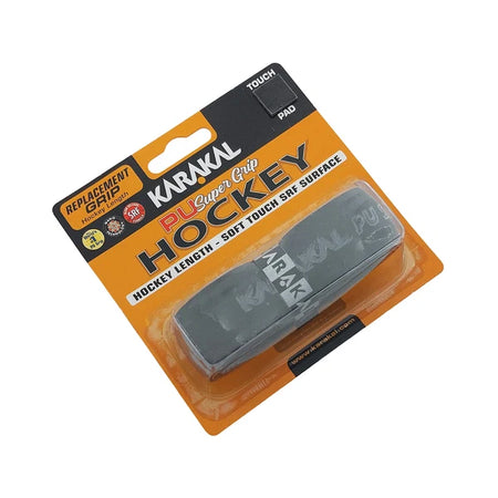 Karakal XL PU Super Hockey Grip in black, packaged in an orange and clear plastic blister pack labeled for hockey sticks, featuring soft touch and cushioned PU grip as a dependable replacement option from Karakal.
