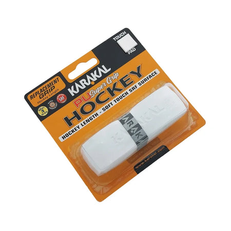 A packaged Karakal XL PU Super Hockey Grip replacement for hockey sticks, featuring a cushioned white PU grip, presented in a clear plastic case on an orange blister card with Karakal branding and product information.