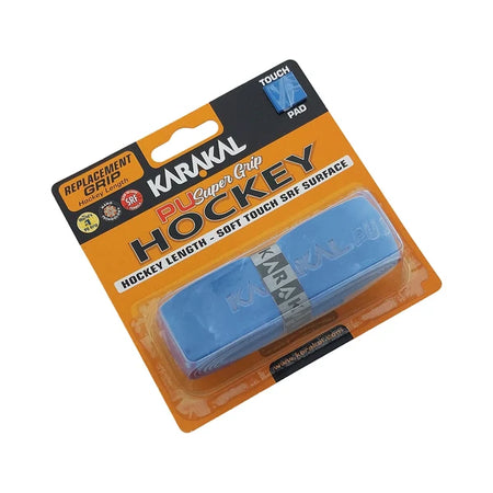 Karakal XL PU Super Hockey Grip by Karakal, packaged in blue and labeled “soft touch” and “hockey length.” This cushioned PU grip is visible through a clear plastic case, offering premium comfort and durability as a top-quality hockey stick grip.