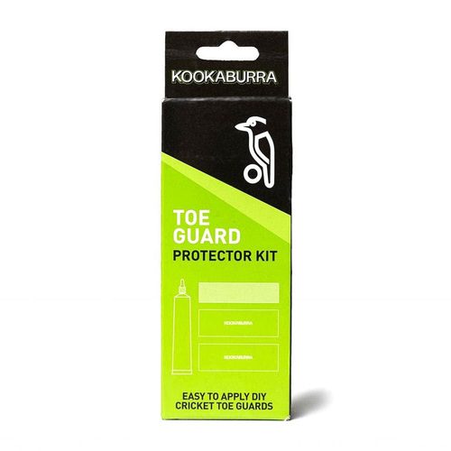The Hunts County Kookaburra Toe Guard Protector Kit comes in black and green packaging with a bird logo, offering easy-to-apply DIY bat toe guards for ultimate cricket bat protection.