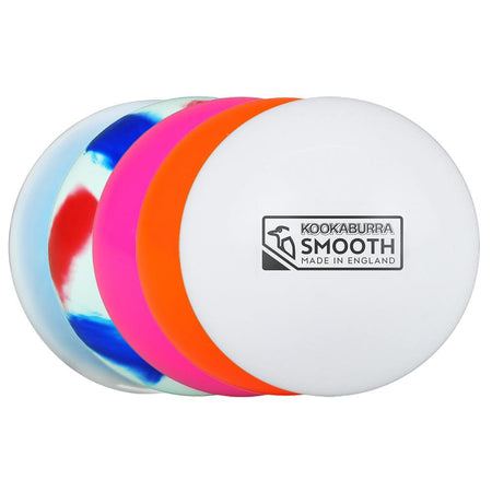 Four Kookaburra Burra Smooth Hockey Balls—one white with Kookaburra label, plus orange, pink, and blue-white-red marbled patterns—are lined up in a row, smooth and slightly overlapping.