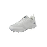 The Gunn & Moore Kryos Cricket Spikes 2024 are white athletic shoes with steel spikes, GM branding on the tongue and side, a lace-up closure, and a breathable mesh upper for comfort during cricket play.
